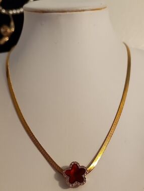 Gold Necklace with Red Flower Pendant - Elegant Women's Jewelry